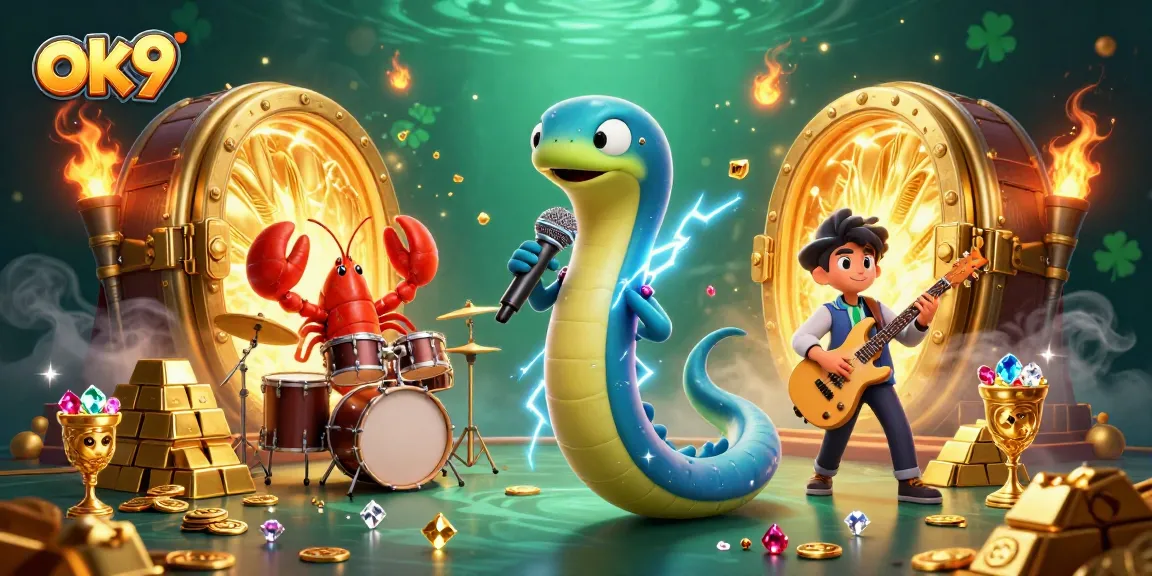 ok9 electrifies players with a vibrant underwater casino scene featuring dynamic characters and treasure elements.