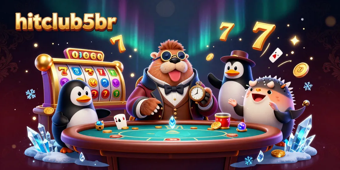 Experience thrilling slots at hitclub5br with a jolly walrus playing poker surrounded by dynamic casino elements.