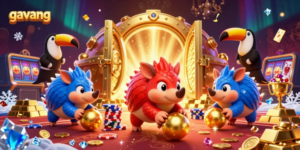 Gavang showcases a vibrant scene of rival pangolins in a dynamic casino-themed competition.