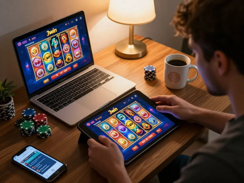Players enjoy strategic betting on 3win's online platform in a cozy home environment