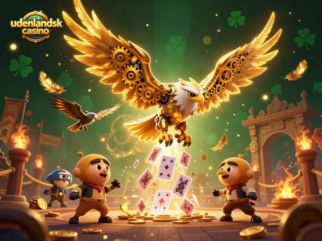 Experience the thrill of udenlandsk casino with a cybernetic eagle diving through playing cards.