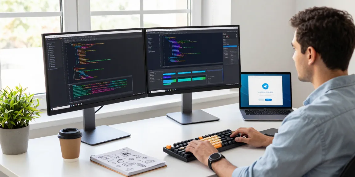 Download Telegram while a developer codes in a bright tech workspace with dual monitors.