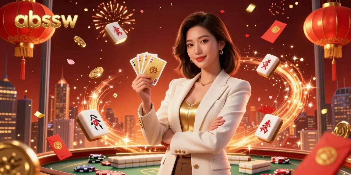 Experience abssw's thrilling casino atmosphere with a glamorous Asian woman in a dynamic scene filled with poker elements.