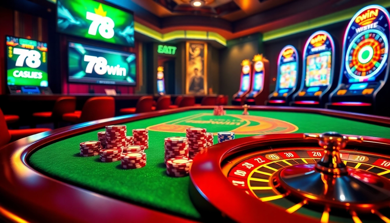 Engaging scene showcasing 78Win online gambling with poker chips, casino tables, and vibrant slot machines.