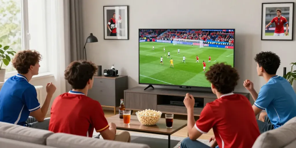 Friends enjoying a live football match on CakhiaTV in a cozy living room.