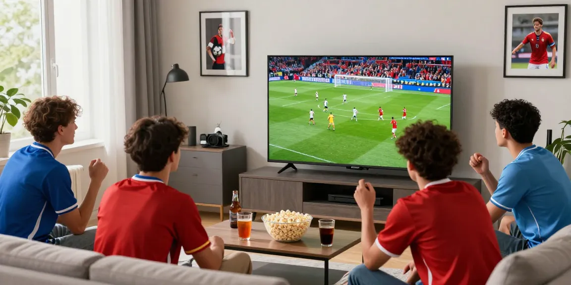 Friends enjoying a live football match on CakhiaTV in a cozy living room.