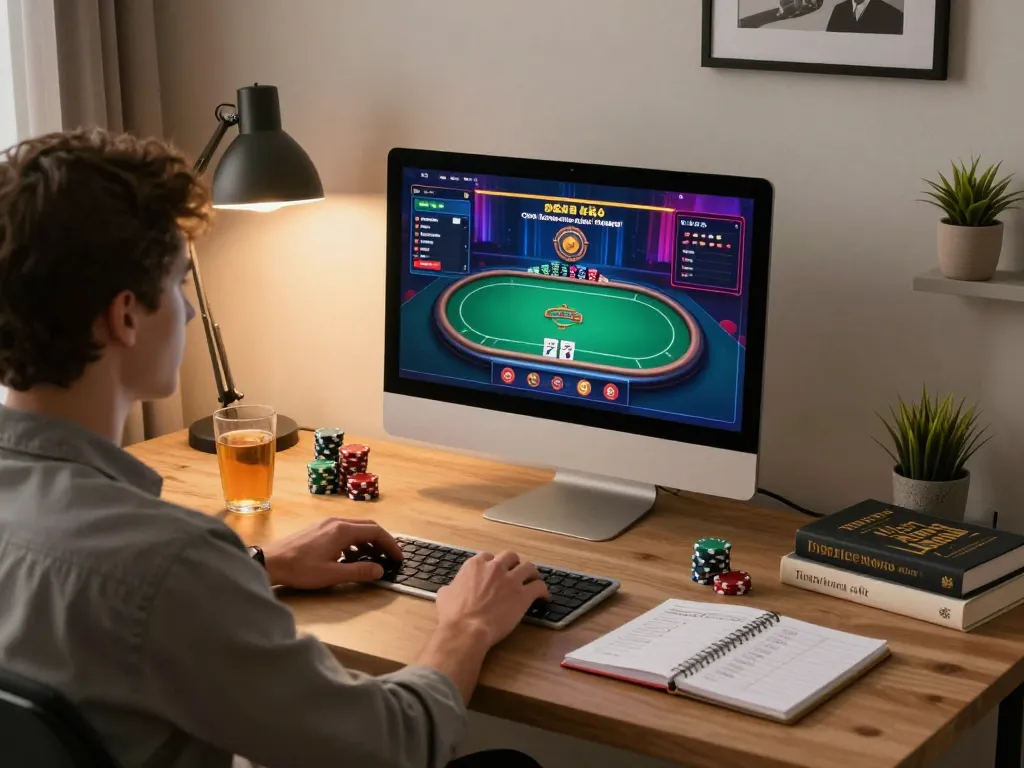 Nohu gameplay in a stylish home office environment with poker interface on screen, emphasizing strategic decisions.