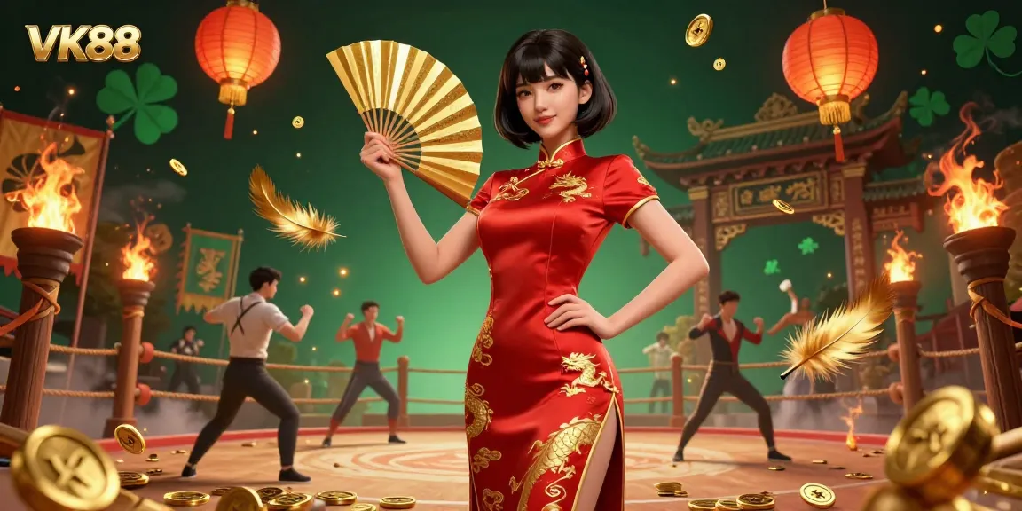 Engage in action with VK88 as a beautiful Asian woman celebrates amidst gold coins and lanterns in a vibrant online casino atmosphere.