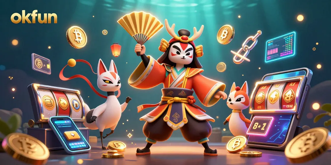 Experience the excitement at okfun as a kabuki warrior faces off with vibrant slot games and crypto elements.