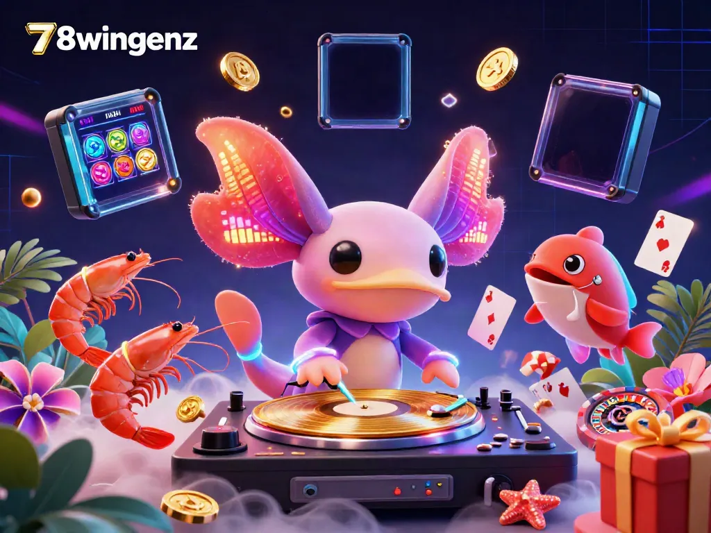 Experience the dynamic gaming scene with 78wingenz featuring colorful characters, casino elements, and stunning details.