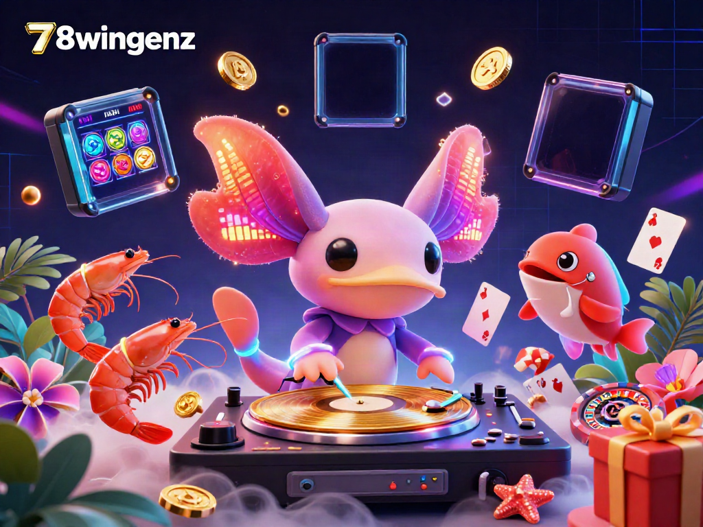 Experience the dynamic gaming scene with 78wingenz featuring colorful characters, casino elements, and stunning details.
