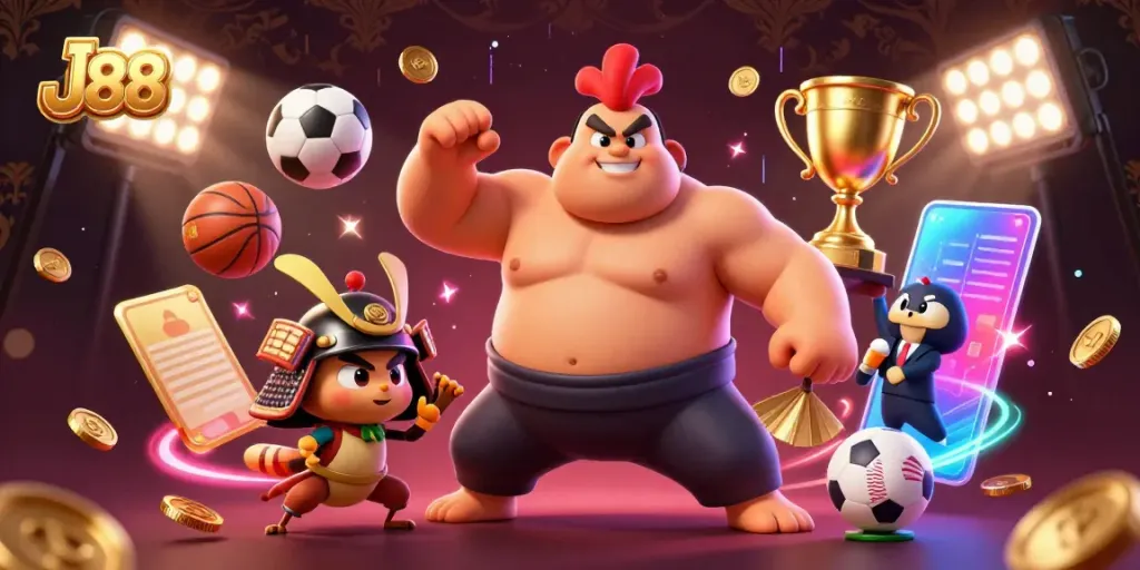 J88 promotional illustration with a sumo wrestler, samurai cricket, and announcer, showcasing dynamic sports elements.