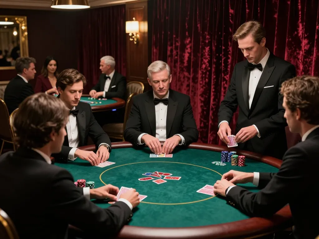 Players strategizing in a high-stakes poker game at nhacaiuytin44's exclusive casino venue, highlighted by ambient lighting.