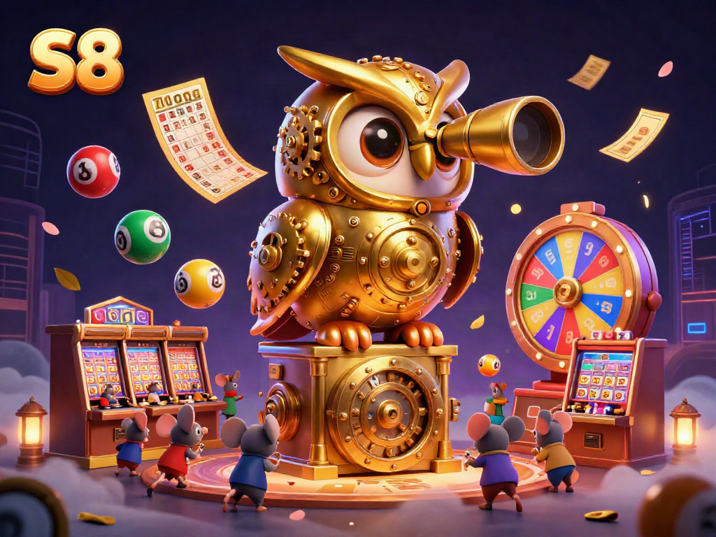 Experience dynamic S8 gaming with slot machines, colorful lottery balls, and lively characters in a vibrant casino scene.