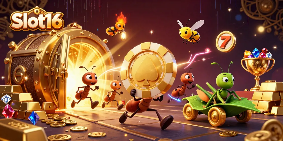Spin the reels with Slot16 as animated ants carry a giant poker chip through a casino heist.
