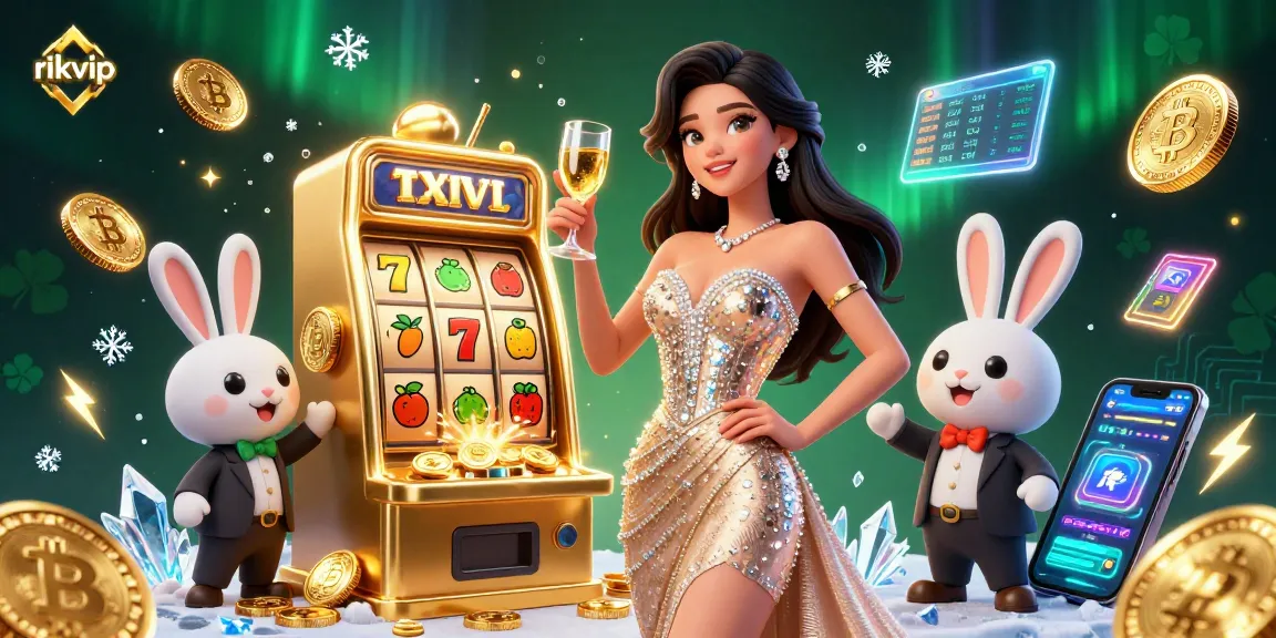 Experience the thrill of rikvip with a glamorous woman celebrating by the jackpot slot machine.