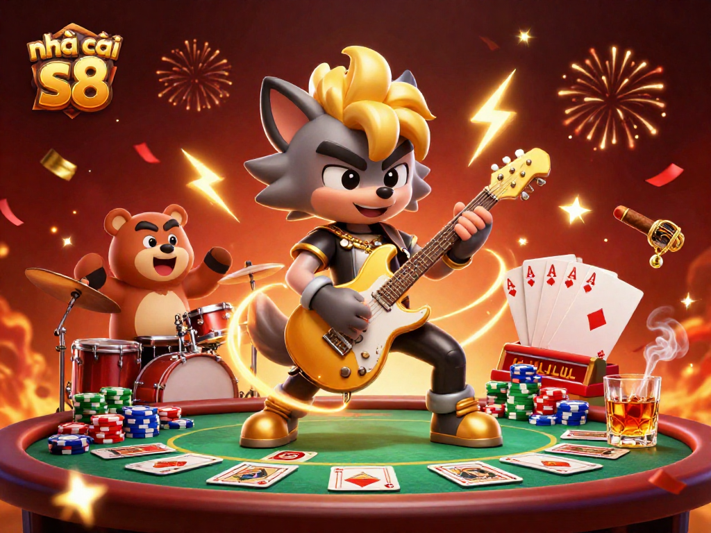 Experience the thrill of nhà cái s8 with vibrant poker action and dynamic casino illustration.