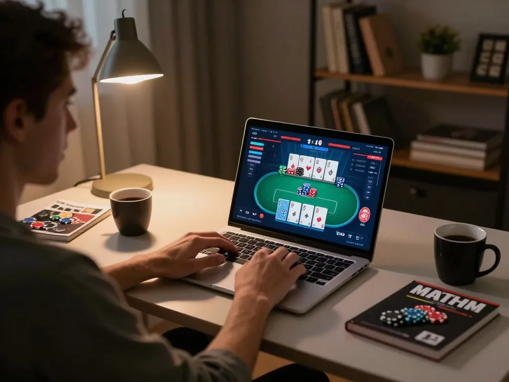 Engaging in strategic online gaming with fo88r, showing a laptop interface with cards and chips during a poker session.