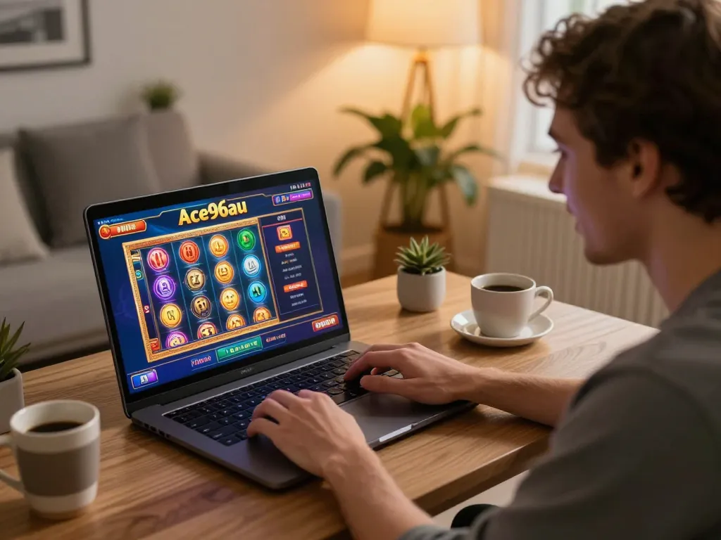 A player enjoys gaming on Ace96au, showcasing the exciting experience of online slots.