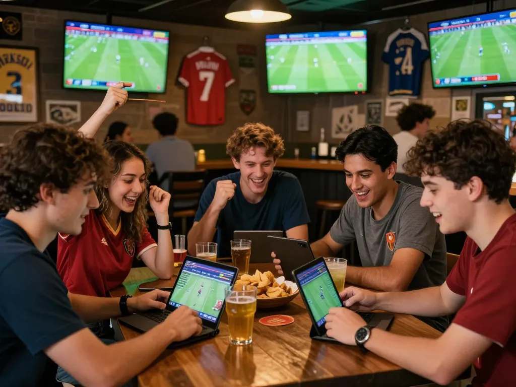 Cá độ bóng đá at a lively sports bar with friends checking betting odds and enjoying the game.