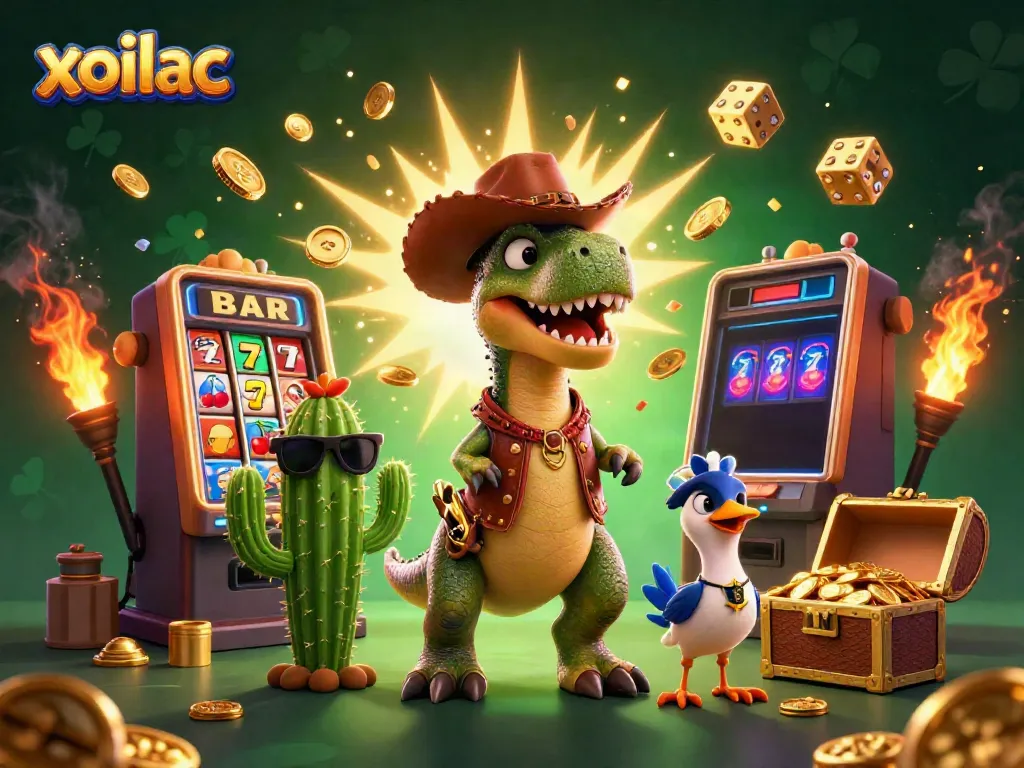 Experience the excitement of gambling with xoilac's vibrant 3D cartoon imagery illustrating a T-Rex and friends.