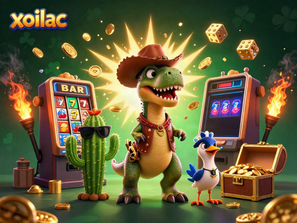 Experience the excitement of gambling with xoilac's vibrant 3D cartoon imagery illustrating a T-Rex and friends.