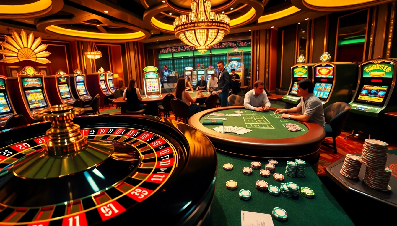 Exciting casino scene showing players at a poker table engaged with Link vào cwin and vibrant slot machines in the background.