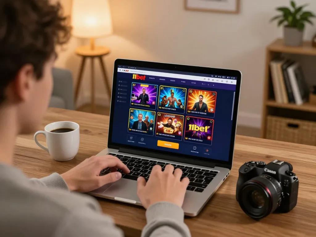 Engaging in 11bet online casino gameplay with strategic focus in a cozy home setup.