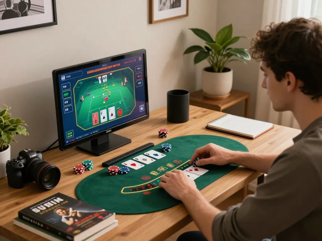 Engaged player using cm88 app for live dealer blackjack in a warm home setting.