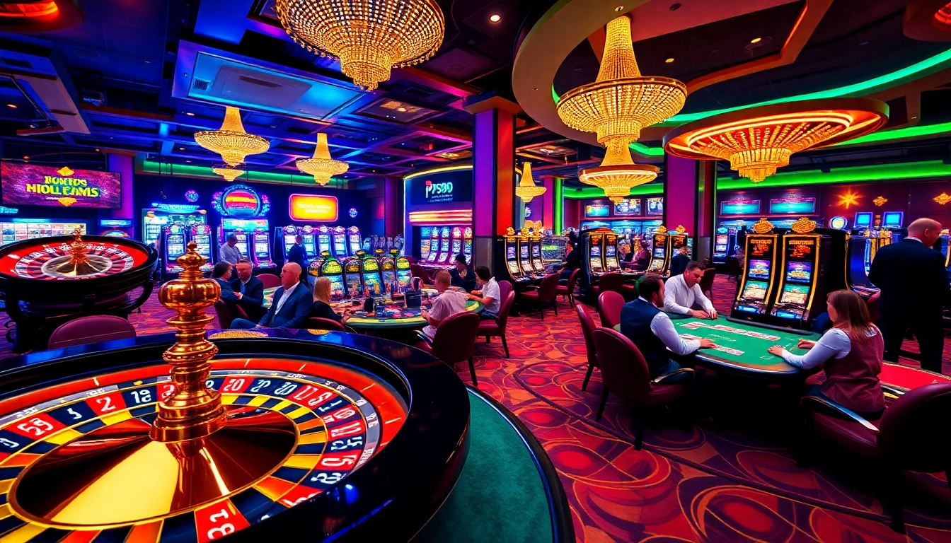Exciting PS99 casino scene featuring roulette, poker tables, and vibrant players betting.