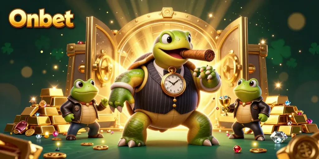Experience Onbet's dynamic casino scene with a turtle mobster and bullfrog enforcers surrounded by treasure.