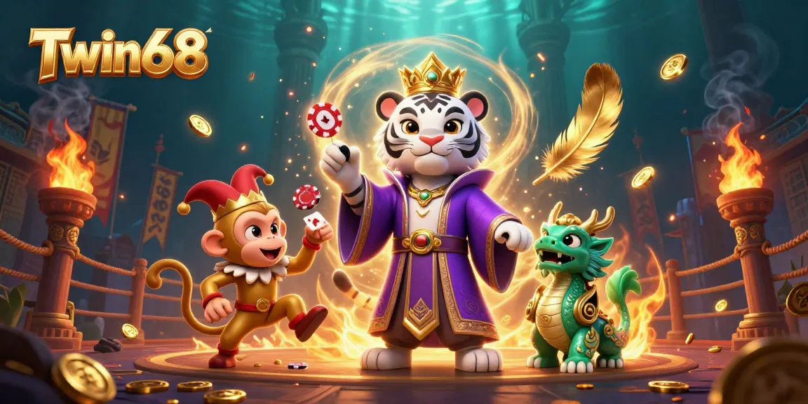 Engaging Twin68 illustration featuring a majestic tiger, jester monkey, and mystical jade dragon in a vibrant casino setting.