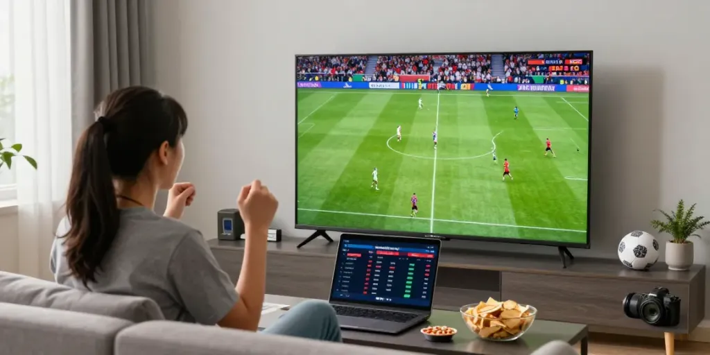 Exciting sports streaming at home with a viewer enjoying a match on cakhiatvvn.jpn.com.