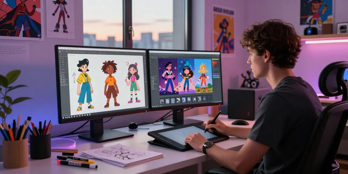 Character AI NSFW artist designing vibrant characters in a modern urban studio.