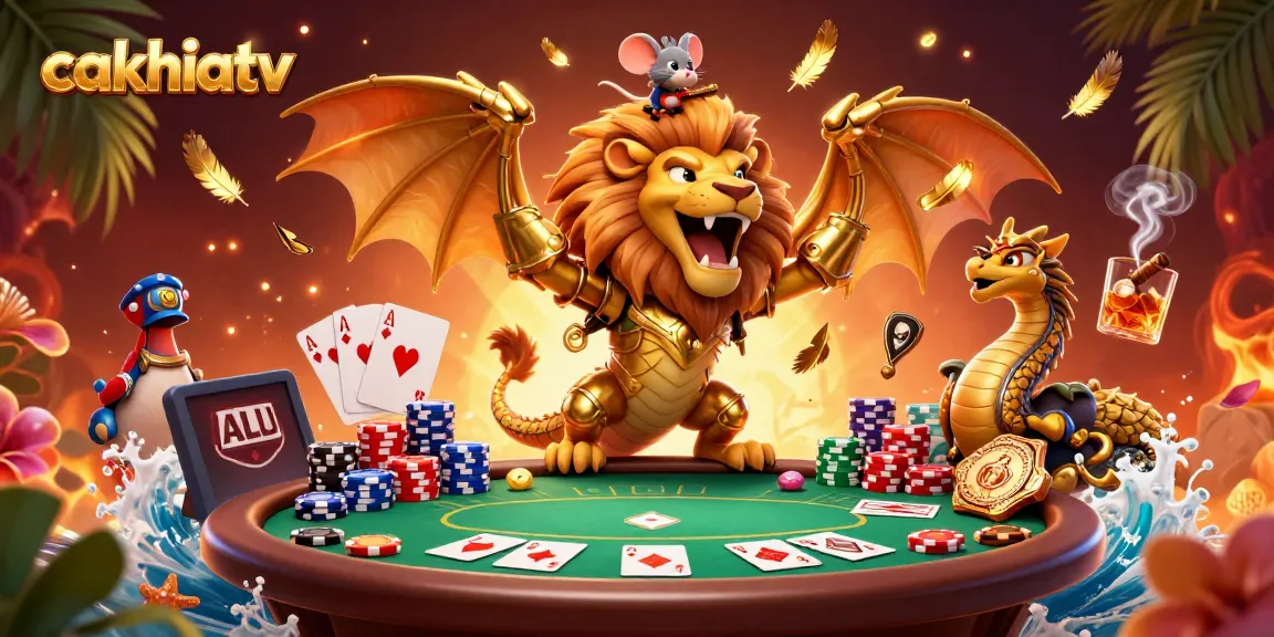 Cakhiatv showcases thrilling poker action with a roaring chimera and mouse jockey in a vibrant casino scene.