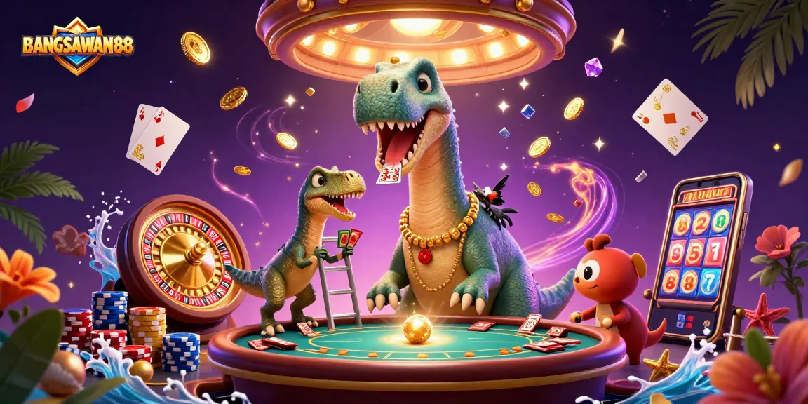 BANGSAWAN88 features a playful brontosaurus observing a poker game, immersed in vibrant casino elements.