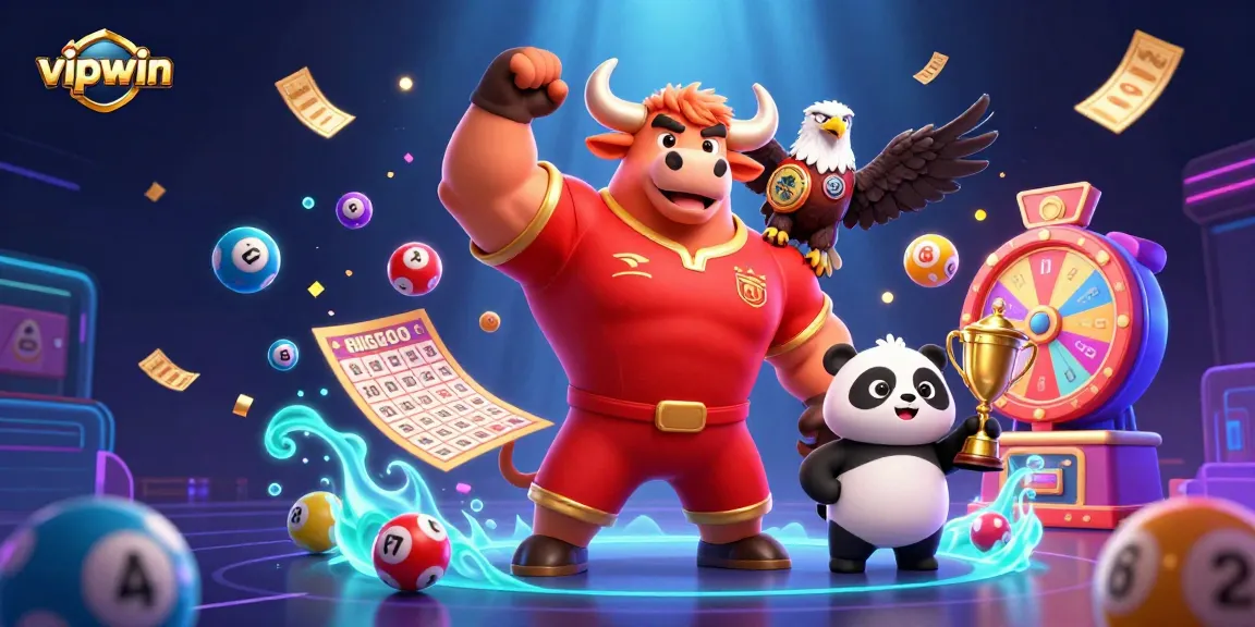 Experience thrilling wins at vipwin with vibrant lottery balls and dynamic casino characters.