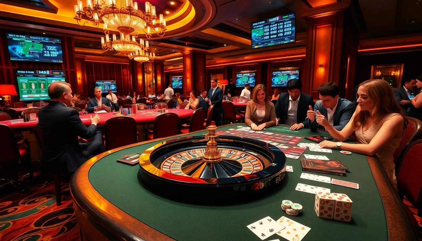 E2bet gaming table with poker chips and cards, creating a vibrant casino atmosphere.