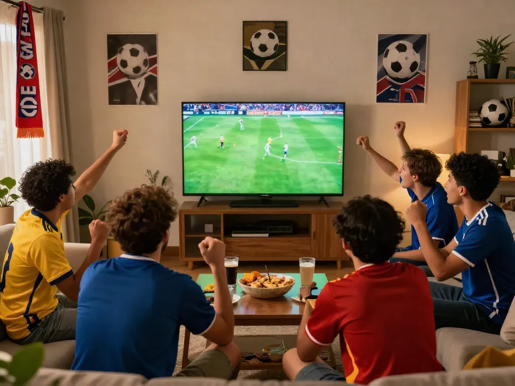 Fans enjoying a live soccer match at home, showcasing the excitement of viewing on xoilactvx.me.