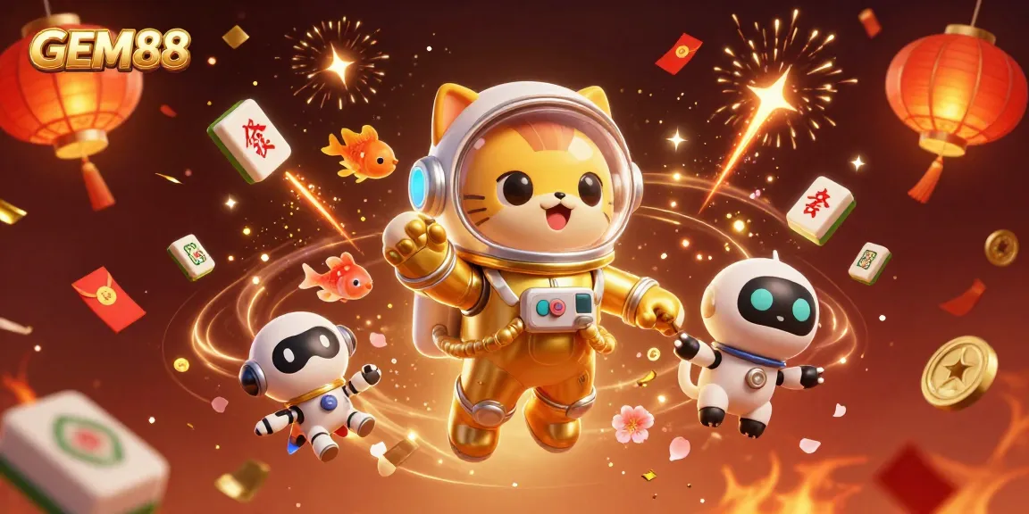 Win exciting bonuses at GEM88, featuring a captivating 3D scene of gaming elements and characters.