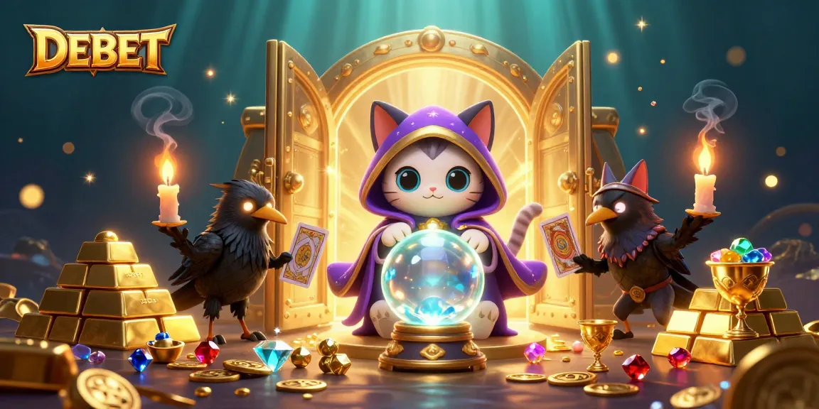 Experience thrilling gambling with DEBET's captivating casino scene featuring magical characters.