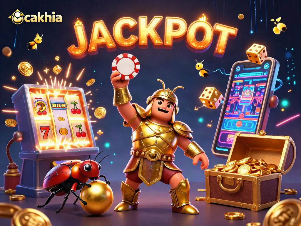 Cakhia showcases a victory scene with a beetle hero celebrating a big jackpot in a vibrant casino adventure
