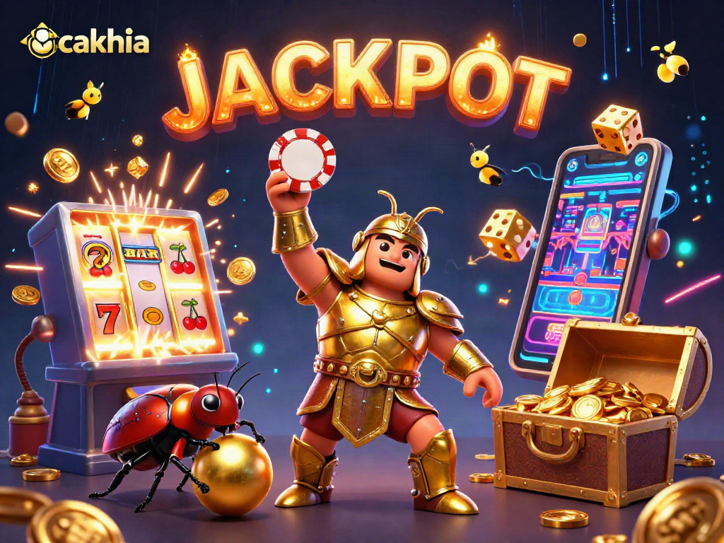 Cakhia showcases a victory scene with a beetle hero celebrating a big jackpot in a vibrant casino adventure