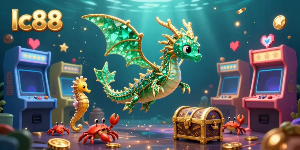 Experience winning at lc88 with vibrant characters and arcade elements in an exciting underwater casino scene.