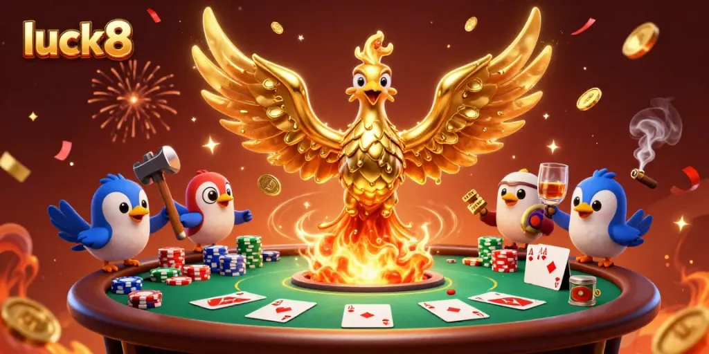 Experience the thrill of luck8 as the golden phoenix rises, showering coins and poker chips in an elaborate casino scene.