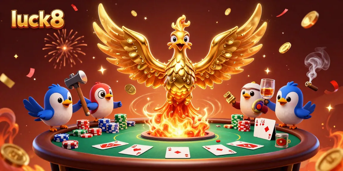 Experience the thrill of luck8 as the golden phoenix rises, showering coins and poker chips in an elaborate casino scene.