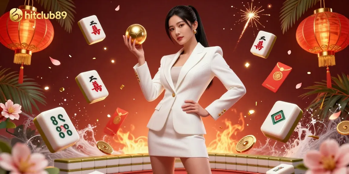 Experience thrilling action on hitclub89 with a stylish Asian woman owning the casino scene, spinning jade coins and fireworks.