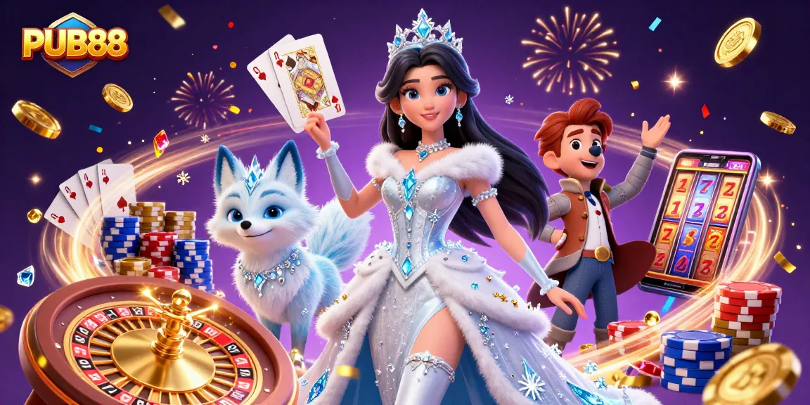 Experience thrilling games with PUB88 as golden coins and sparkling gems cascade throughout.