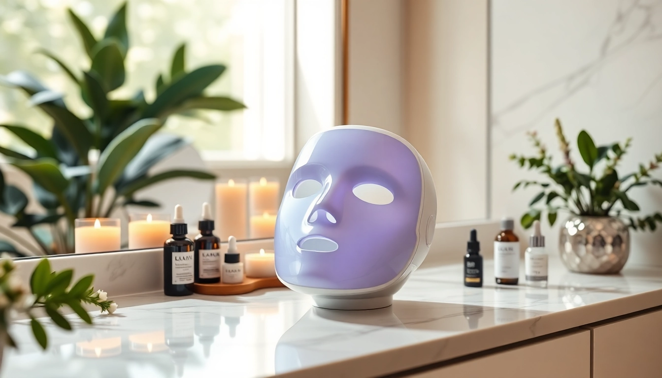 Infrared mask showcased in a serene skincare setup with luxury beauty products.