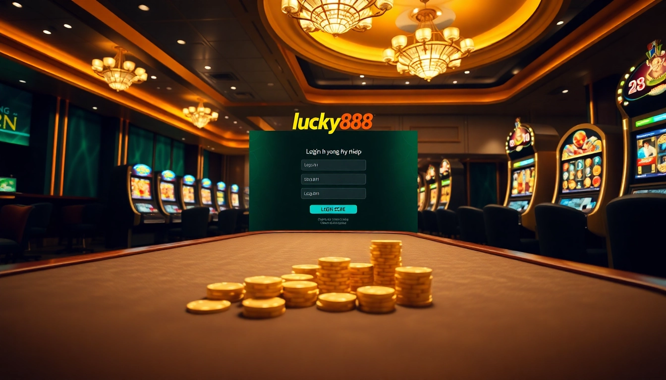 Experience the excitement of online gaming with lucky88 đăng nhập platform, featuring vibrant casino visuals with poker chips and slot machines.